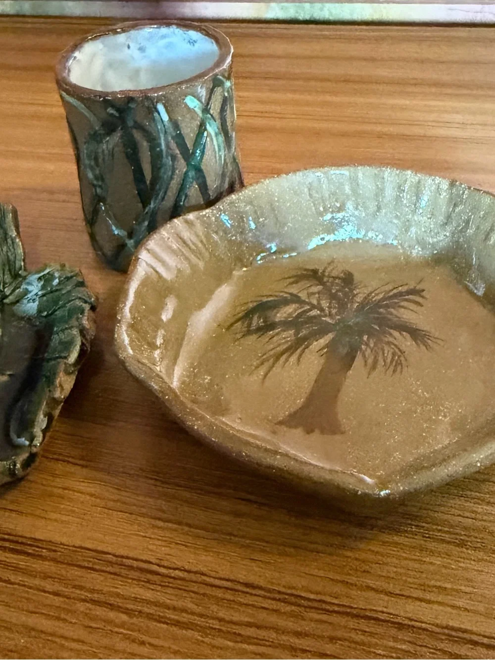 Vintage Studio Art Pottery 3pc Set Palm Tree Trinket Dish Cup Leaf Signed MKK